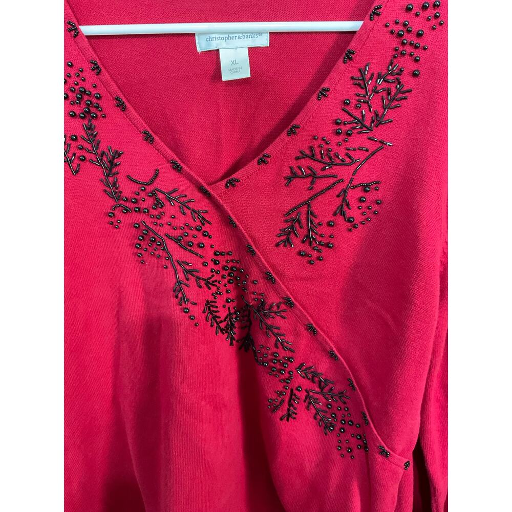Christopher & Banks V-Neck Beaded Long Sleeves Red Knit Pullover Sweater Large - Picture 4 of 7